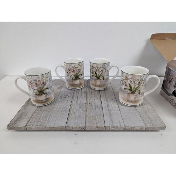 American Atelier Set Of 4 Floral Jardin Porcelain 10 oz Mugs Cups - Picture 1 of 10